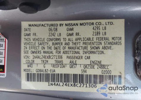 2008 Nissan Altima 2.5 S from USA, damaged, VIN 1N4AL24EX8C271306